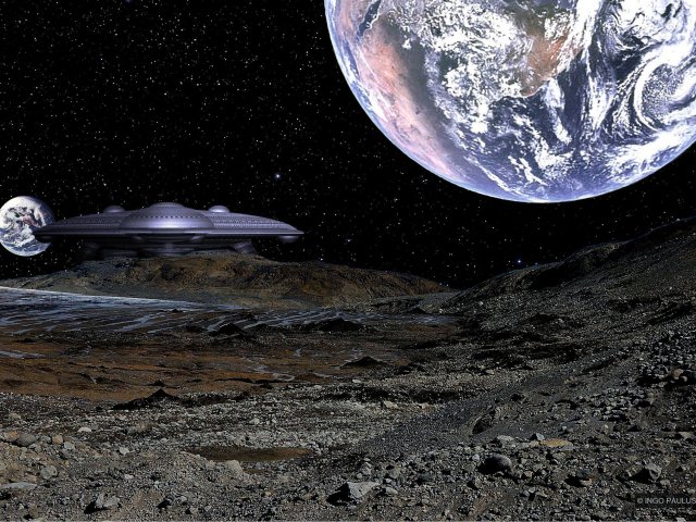 Eine so genannte Zecke, ein Bergbauroboter ist auf dem gemeinsamen Mond eines Doppelplaneten gelandet.