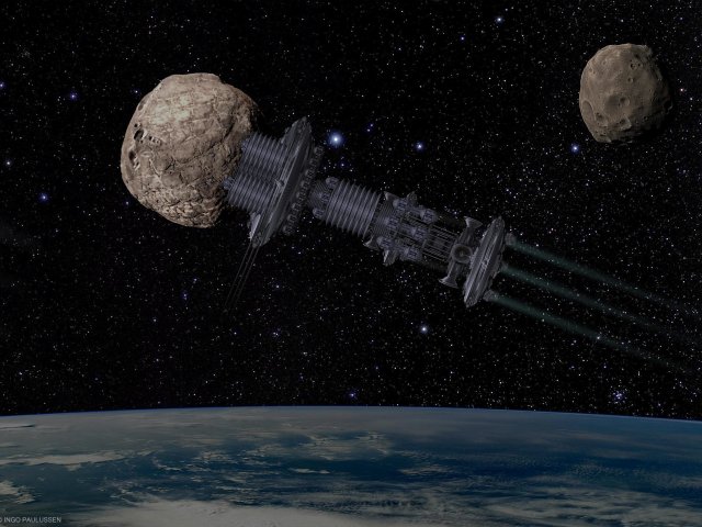 Die Monde des terraformierten Mars, Deimos und Phobos, erhalten Verstärkung. Riesige Spezialtransporter bugsieren Asteroiden in den Marsorbit. Als Korrekturtriebwerke dienen angeflanschte Lagerboxen.