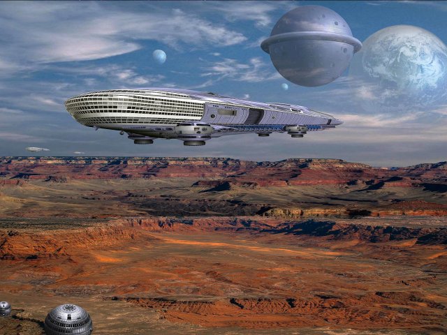 Forschungsmarane, Robotertransporter und ein Kugelraumer der Heimatschutzflotte über einem Chasma des Planeten Desert Garden.