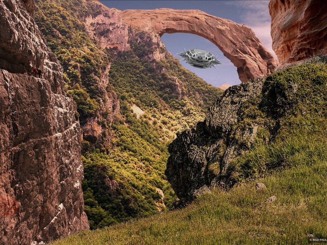 Mario Lorane ist mit einem Forschungsteam durch ein monumentales Felsentor auf dem Planeten Eden geflogen.