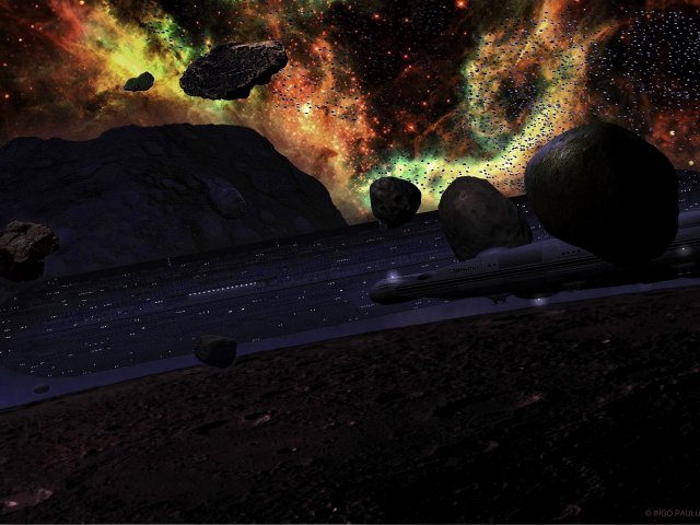 Die STARWIND hat die MONTANA inmitten einer Materiewolke aus ionisierten Gasen, Staub, Meteoritenschwärmen und Eis bedeckten Planetoiden gefunden.