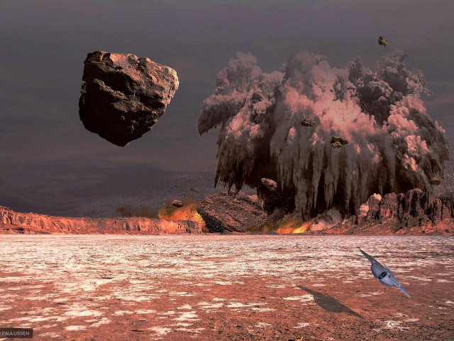 Eine Drohne dokumentiert einen massiven Meteoreinschlag auf der Amazonis Planitia. Einschläge ohne Gefährdungspotential werden nicht verhindert.