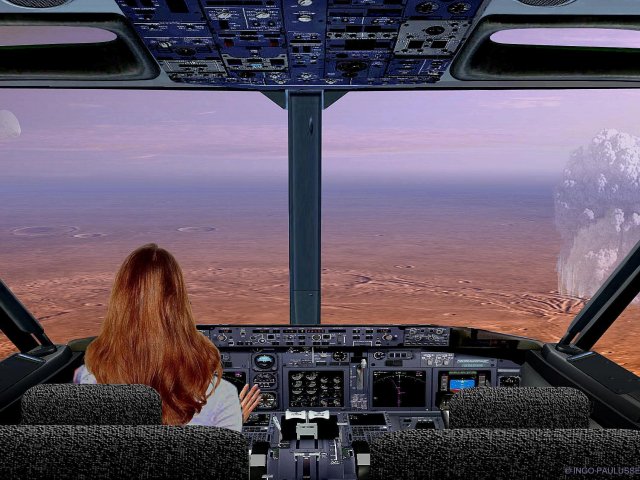Morgengrauen über der Arcadia Planitia. Die Pilotin eines Vermessungsschiffs fliegt neugierig auf die Acheron Fossae zu, aus denen riesige Wasserfontänen in den Himmel schießen.