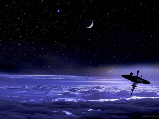 Sonnenaufgang über Neptun. Eine Sammlerstation für Prospektoren schwebt einsam über der eisigen Atmosphäre des Gasriesen.