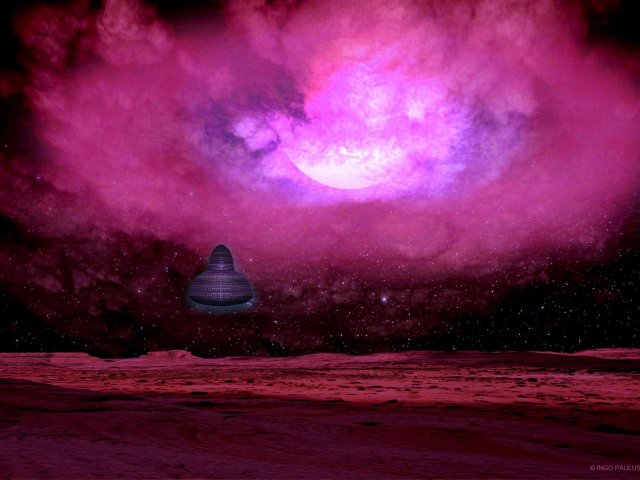 Eine zurückgelassene Dokumentationssonde hebt im Notstartmodus von der zu Schlacke gewordenen Oberfläche des Planeten Risar 1 ab. Der Systemstern kollabiert zu einem Roten Riesen.