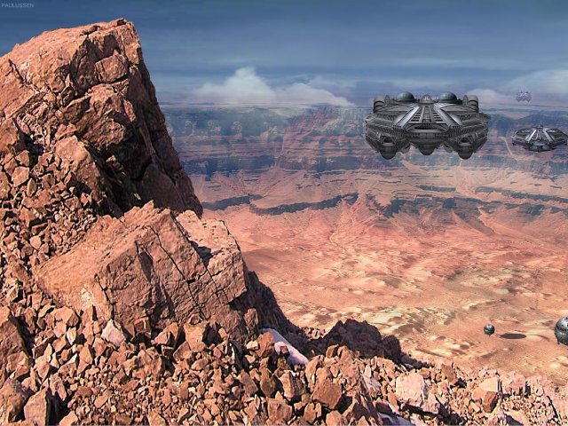 Vom Zentralberg des Oudemans her lassen sich Aktivitäten der Montaner beobachten. Universalmodule und Robotertransporter senken sich in den Krater.