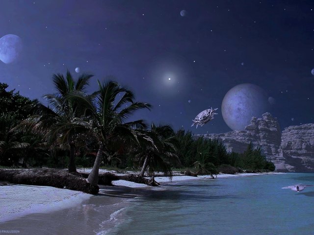 Der Widerschein des blauen Schwesterplaneten und die Monde tauchen Eden nachts in unwirkliches Licht. Eine Messdrohne gleitet über das Wasser, die Blackbird setzt zur Landung am Strand an.