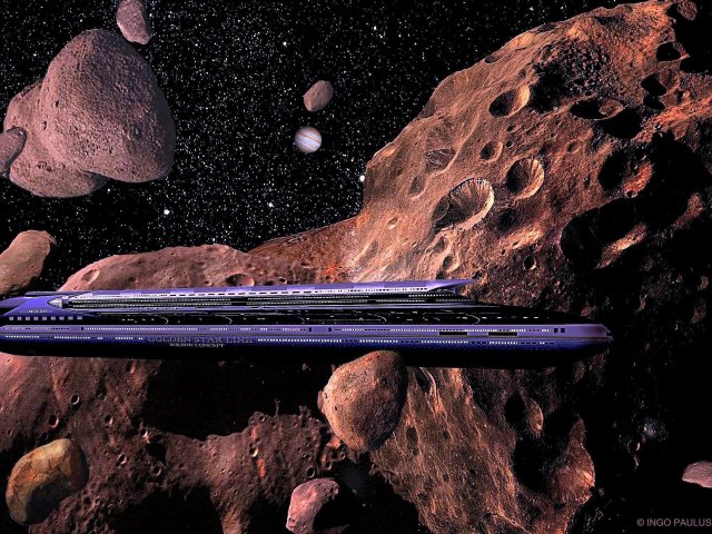 Ein 300 m-Touristenkreuzer der Golden Star Line im Planetoidenring zwischen Mars und Jupiter.