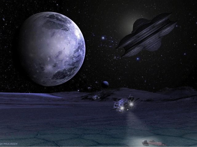 Im äußeren Sonnensystem landen Prospektoren auf dem Pluto-Mond Charon. Die dunklen Bereiche des Kleinplaneten zeugen von Umformungen durch Einschläge großer Körper.