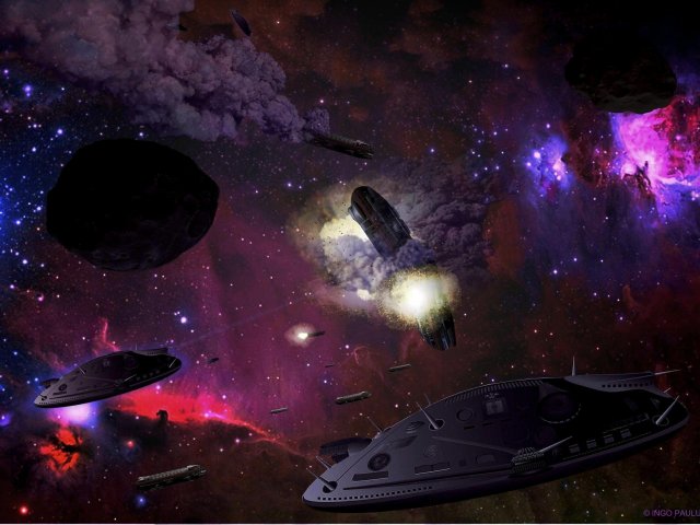 Scoutschiffe der riesigen MONTANA aus einer Parallelrealität werden am Orionnebel dieser Realität von Ribburk-Kampfschiffen angegriffen.