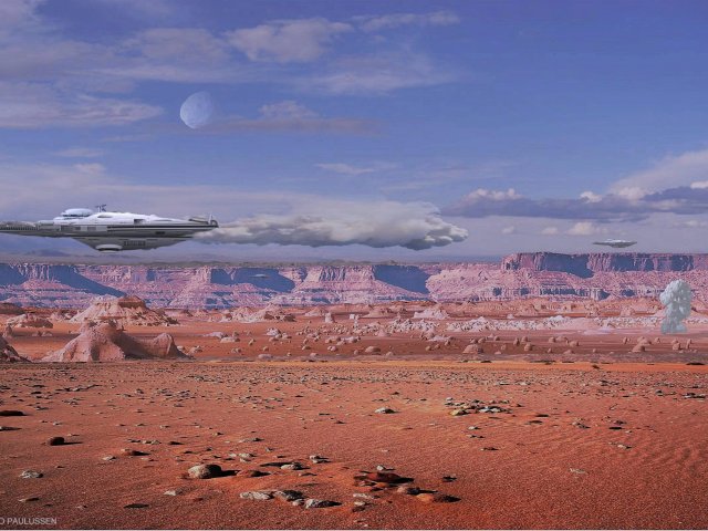 Nach dem Terraforming der Marsatmosphäre setzen so genannte Spechte (Saatschiffe) in den Niederungen, wie hier im Simud Vallis, Saatbomben und Sporenwolken ab.