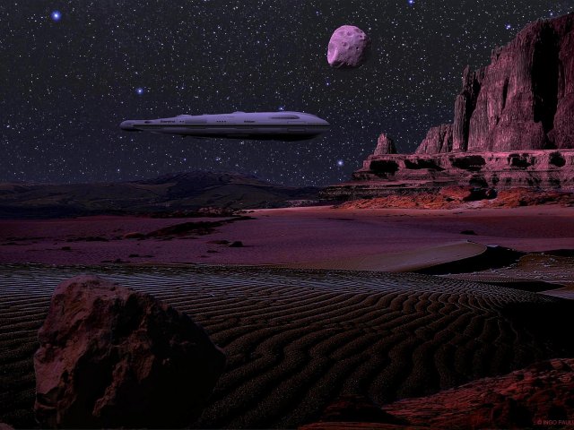 Der Sternenhimmel leuchtet auf dem Mars beträchtlich intensiver als auf der Erde. Hier überfliegt die Starwind des Nachts einen flachen Nebengraben des Buvinda Vallis.