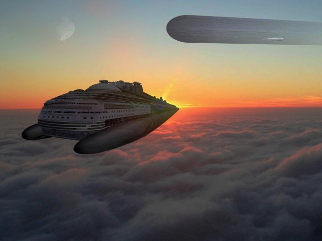 Ein Universalfrachter überquert das wolkenverhangene Syria Planum. Hoch am Himmel das Habitat Louisa und die Starwind.