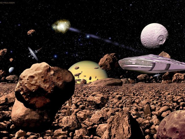 Ein Versorgungs-Raumschiff hat Bedarfsgüter und Personal für die Prospektoren in den Saturnringen gebracht, von denen die steinigen Bereiche der Ringe ausgebeutet werden.