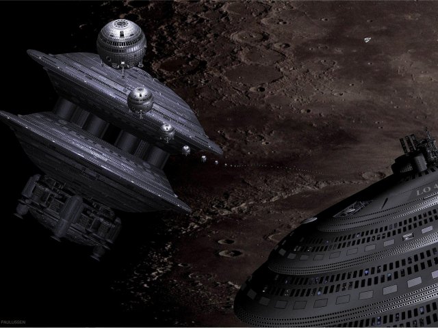 Von der Wilson-Werft aus dem dreihundert km entfernten Eratosthenes-Krater steigt eine endlose Schlange Robotertransporter zwischen einer Luna-Orbitalstation und einer Modulstation in den Mondhimmel.