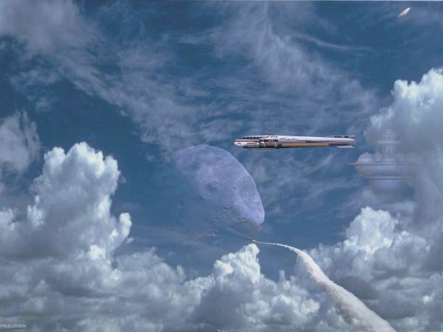 Begegnung der MARYLOU und anderen Raumschiffen. Der Marsmond Phobos zeigt sich zwischen den Wolken.