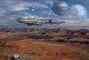 Forschungsmarane, Robotertransporter und ein Kugelraumer der Heimatschutzflotte über einem Chasma des Planeten Desert Garden.