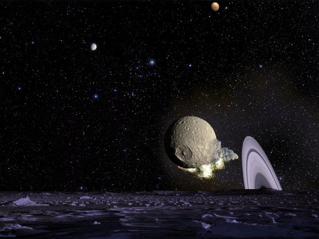 Schweres Bombardement auf dem Saturnmond Mimas. Die kinetische Energie der auftreffenden Asteroiden lässt ganze Oberflächenbereiche des Mondes in Weißglut vergehen.