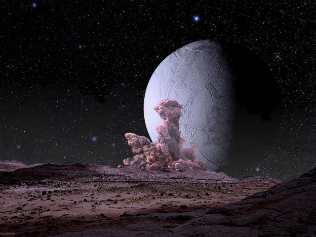 Meteoreinschlag auf dem Saturnmond Rhea. Neben einer aufquellenden Staubwolke expandieren auch freigesetzte Gase und täuschen kurzzeitig eine Atmosphäre vor. Enceladus zieht über den Horizont.