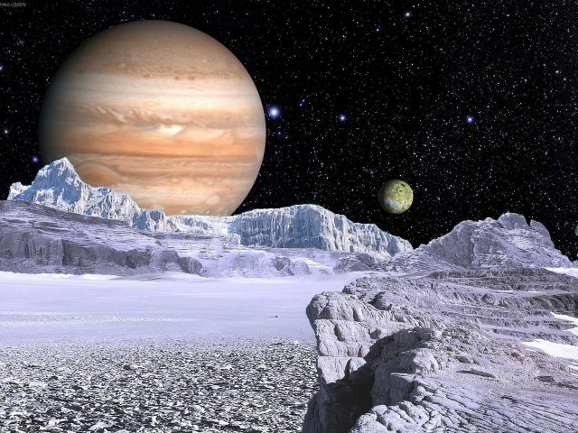 Blick vom Eismond Europa auf Jupiter und seine drei anderen galileischen Monde Kallisto, Io und Ganymed.