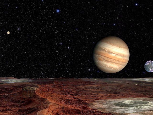 Die eisbedeckten Ebenen des Jupitermondes Kallisto sind von Gesteinsstaub und -brocken überzogen. Einschlagende Meteoriten fördern das Eis wieder zutage und hinterlassen helle Flecken.