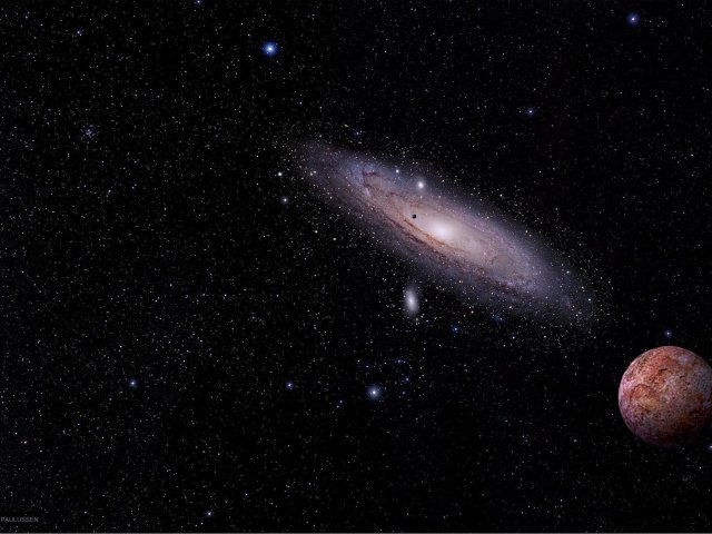 Die Kuiper-Objekte Sedna und Quaoar vor dem Hintergrund der Andromeda-Galaxie. Quaoar ist weit entfernt nur als Scheibchen vor der Galaxie zu sehen.
