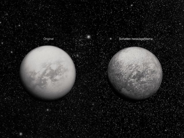 Die Bildverarbeitung hinkt hinter der Optik her. Nur schon durch Herausfiltern von Schatten lassen sich durch die dichte Atmosphäre Titans hindurch auch diffizile Details erkennen.