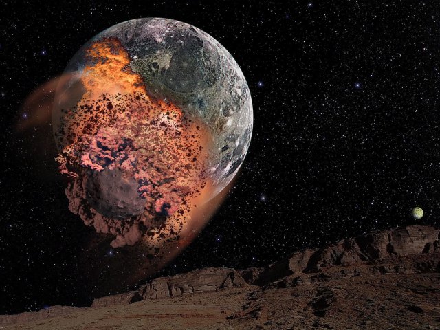 Volltreffer. Ein großes Kuiper-Objekt driftet auf eine Jupiterumlaufbahn und kollidiert mit dessen Mond Ganymed.
