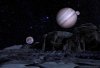 Blick von Ganymed. Die Bezuglosigkeit der Entfernungs- und Größenverhältnisse lässt kaum vermuten, dass Kallisto (links) den Jupiter noch weit jenseits der Ganymedbahn umrundet