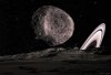 Begegnung zwischen dem Saturnmond Hyperion und einem großen Asteroiden, der das Saturnsystem durchquert.