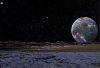 Ganymed über dem Horizont von Kallisto. Links oben der jupiternahe Mond Europa.