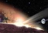 Die Trümmer eines zerborstenen Kometen treffen auf den Mond und hüllen ihn in eine Staub- und Gaswolke.