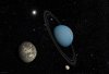 Uranus und seine Monde passieren einen Kugelsternhaufen. Im Sichtbereich sind vier seiner sechs großen Monde. Oberon, Titania, Miranda und Umbriel.