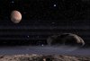 Eisschleier hinter sich herziehend, nähern sich die Saturnmonde Pandora und Prometheus auf 60 km Abstand und tauschen dabei die Positionen am Innen- und Außenrand ihres Ringes.