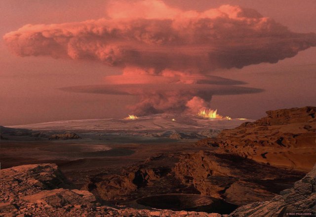 Der letzte Ausbruch des Elysium Mons auf der Elysium Planitia des Mars.