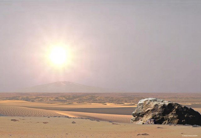 Eine typische Marsebene mit Vulkan im Hintergrund