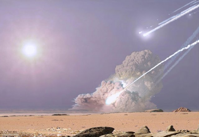 Ein Schauer kleiner Meteoriten erreicht den Marsboden und hinterlässt weitere kleine Krater.