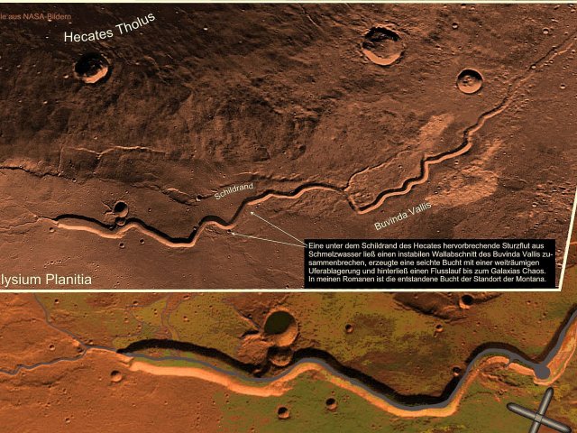 Der Buvinda-Fluss am Hecates Tholus auf der Elysium Planitia des Mars ist in meinen Romanen ein erster Erfolg des Mars-Terraforming.
