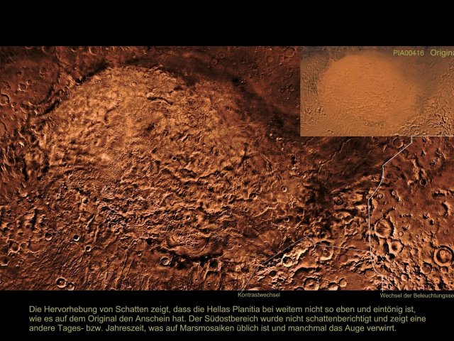 Die Hellas Planitia ist Standort einer Siedlung in meinen Romanen. Der 2500 km durchmessende Meteorkrater avanciert nach dem Terraforming zum Binnenmeer.
