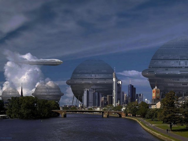 So könnte es hinter Frankfurts Skyline aussehen, wenn die Stadt zur galaktischen Finanzmetropole avancieren würde. Der Spaceport nähme einen gewaltigen Teil des ehemaligen Stadtbereiches ein.