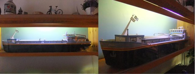 Beleuchtetes Flussschiff-Modell aus Holz und Pappe, 70 cm. Frei nach Schnauze gebaut.